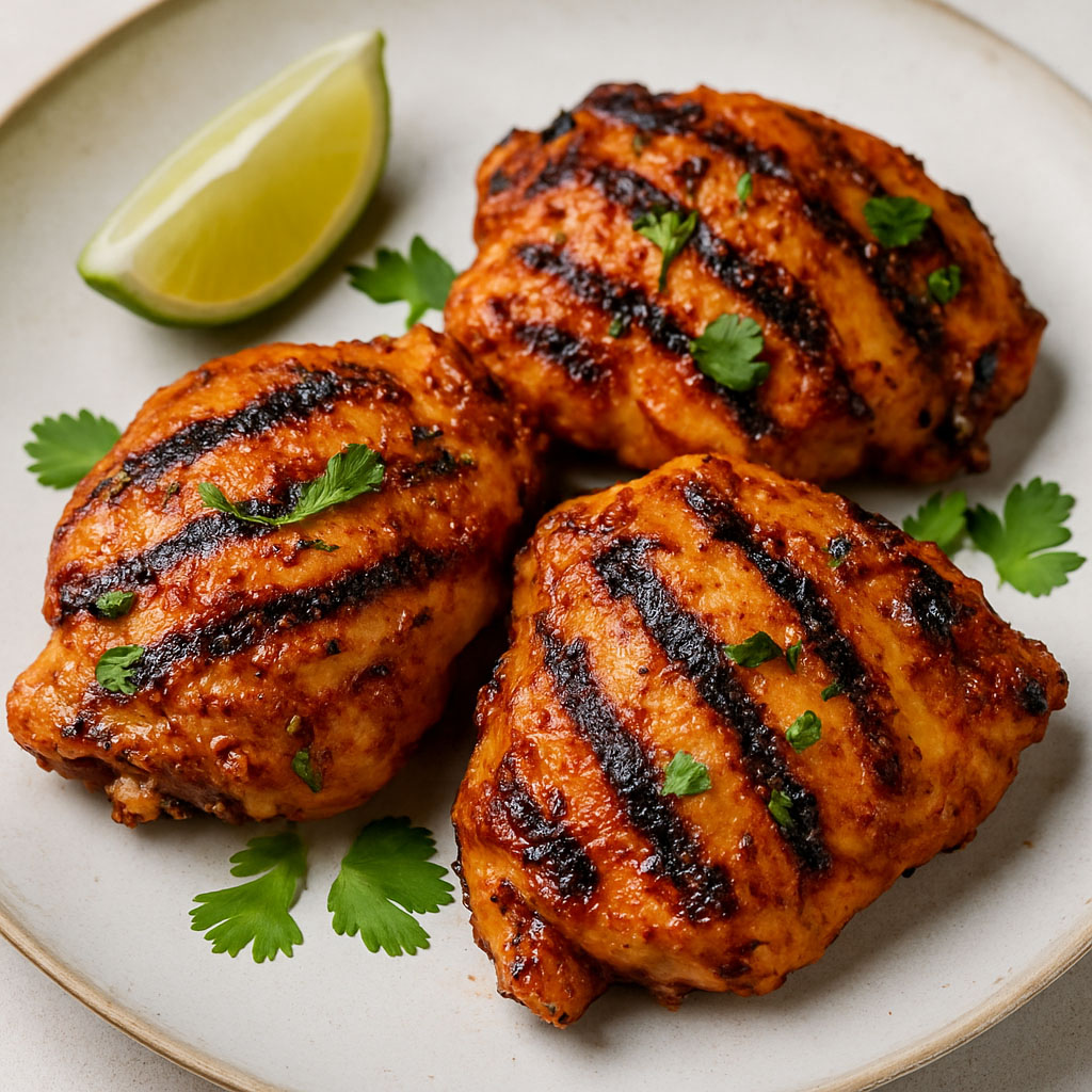 Three grilled chili-lime chicken thighs with visible grill marks, served on a rustic plate with lime wedges and fresh cilantro.