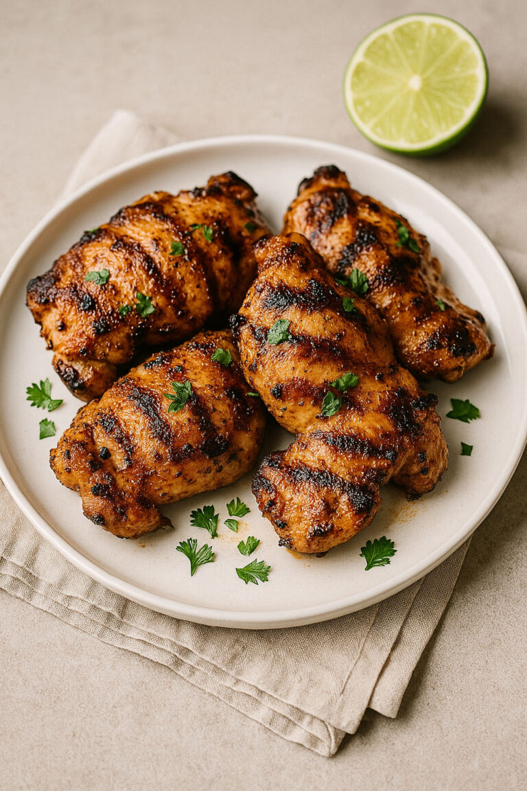 Grilled chili-lime chicken thighs served on a plate with fresh lime wedges and cilantro, showcasing a high-protein summer meal