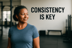 Fit woman smiling confidently in a gym with the words 'Consistency is Key,' representing motivation through sustainable routines.