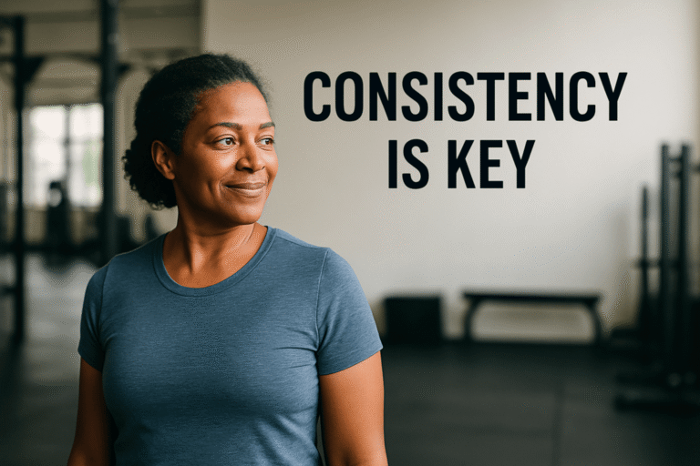 Fit woman smiling confidently in a gym with the words 'Consistency is Key,' representing motivation through sustainable routines.