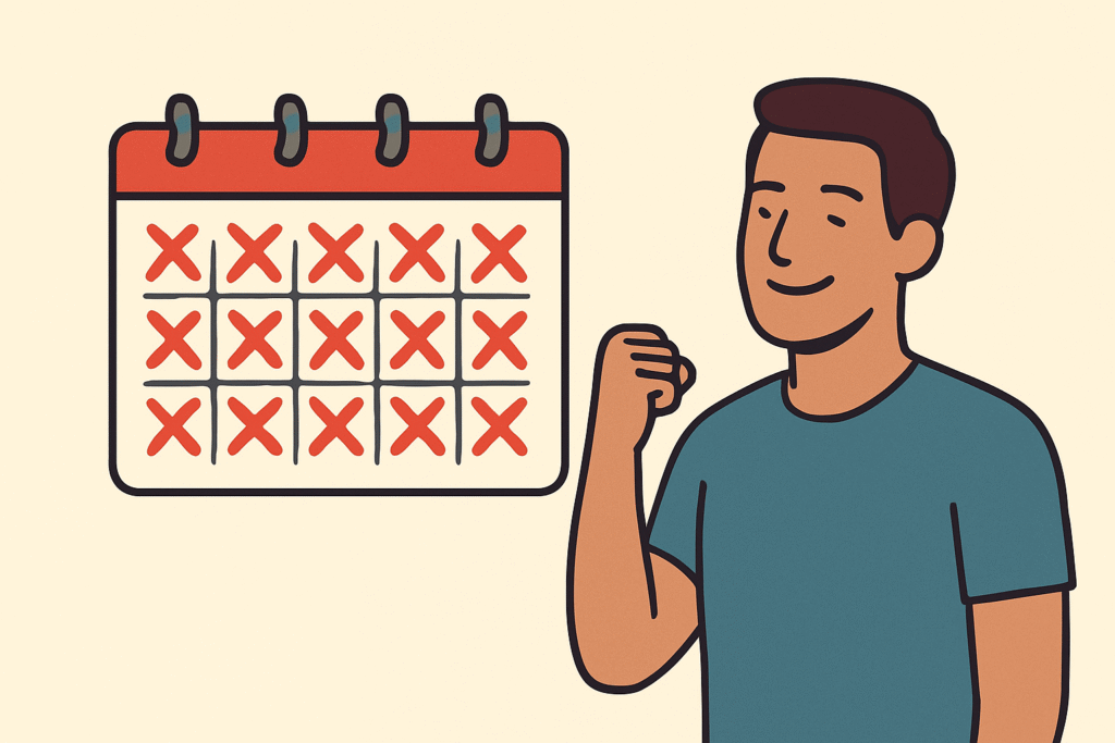 Illustration of a man celebrating next to a calendar marked with red Xs, symbolizing consistent effort and daily fitness commitment.