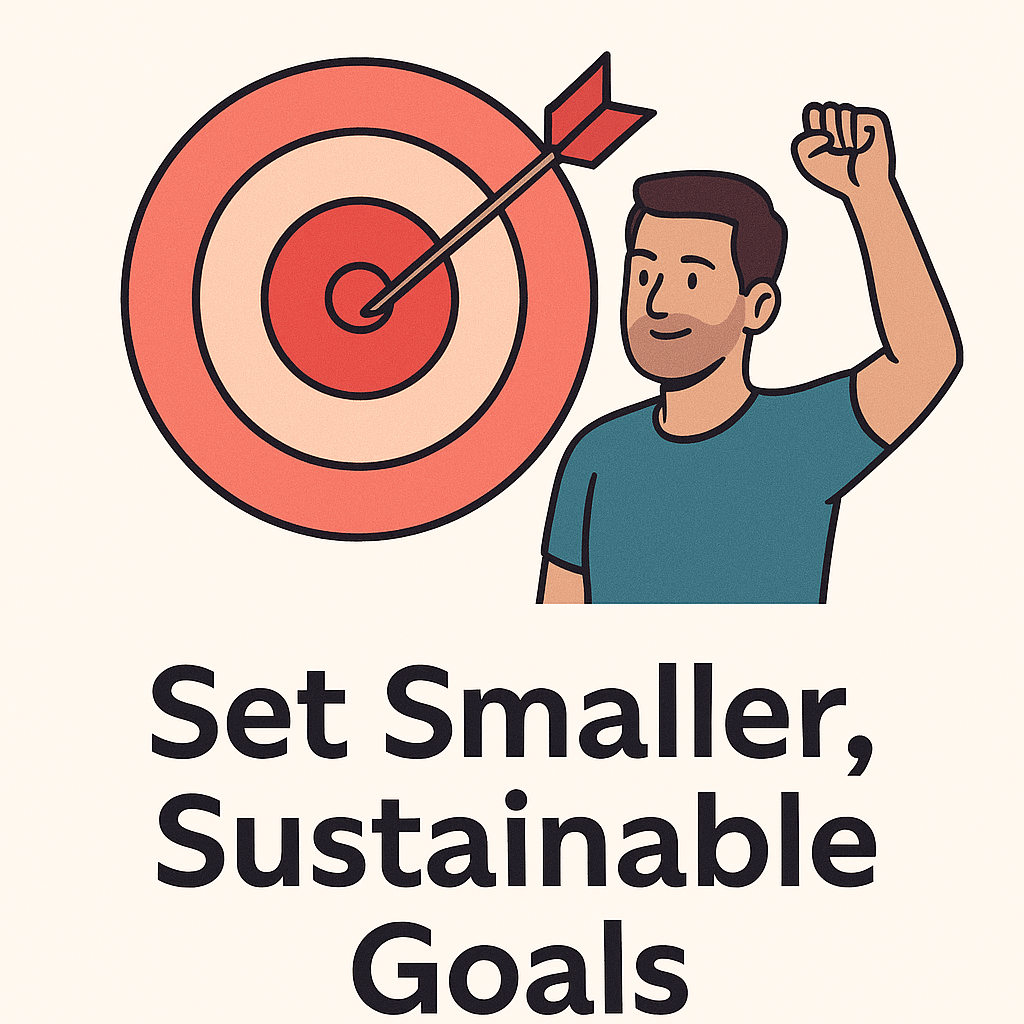 Illustration of a man celebrating in front of a bullseye target, representing the importance of setting smaller, sustainable fitness goals.